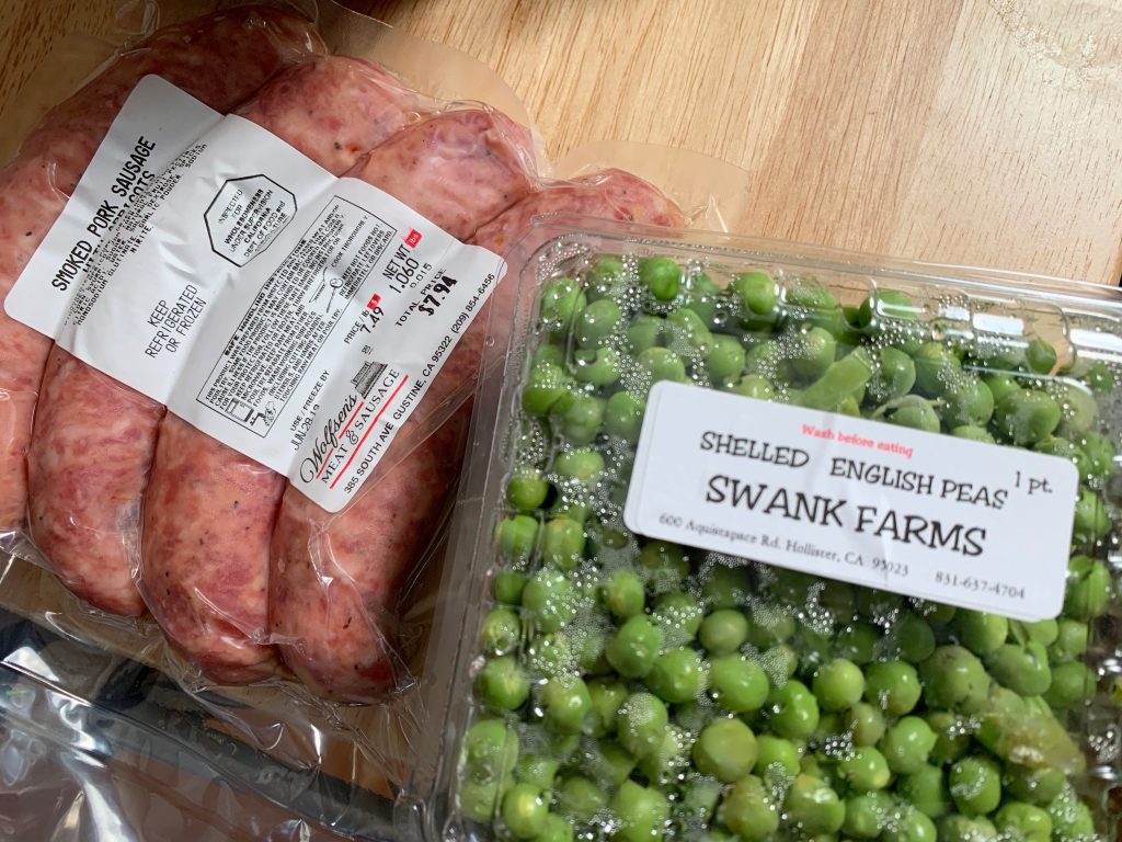 Pork and apricot sausage and fresh peas